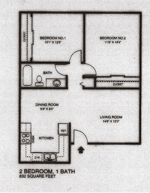 Floor plan for 2 beds, 1 bath, 832 sqft